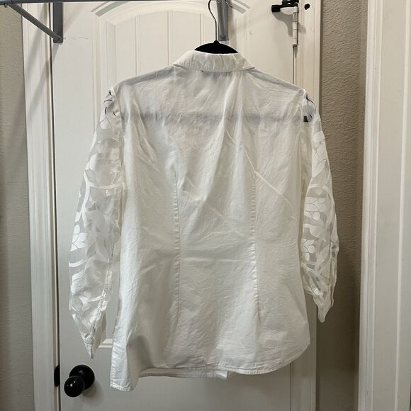 Boston Proper White Button Up Sheer Floral Long Balloon Sleeve Top Womens Size S - Picture 9 of 12